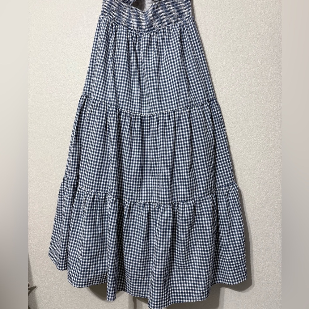 Strapless Blue Gingham Maxi Dress with Cutout - Picture 5 of 14